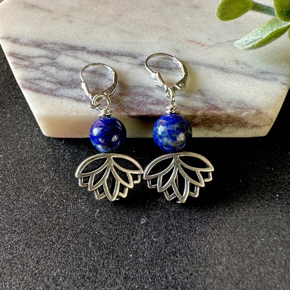 Lapis Lazuli Earrings with Lotus Flower Sterling Silver Lever Back - Picture 6 of 11